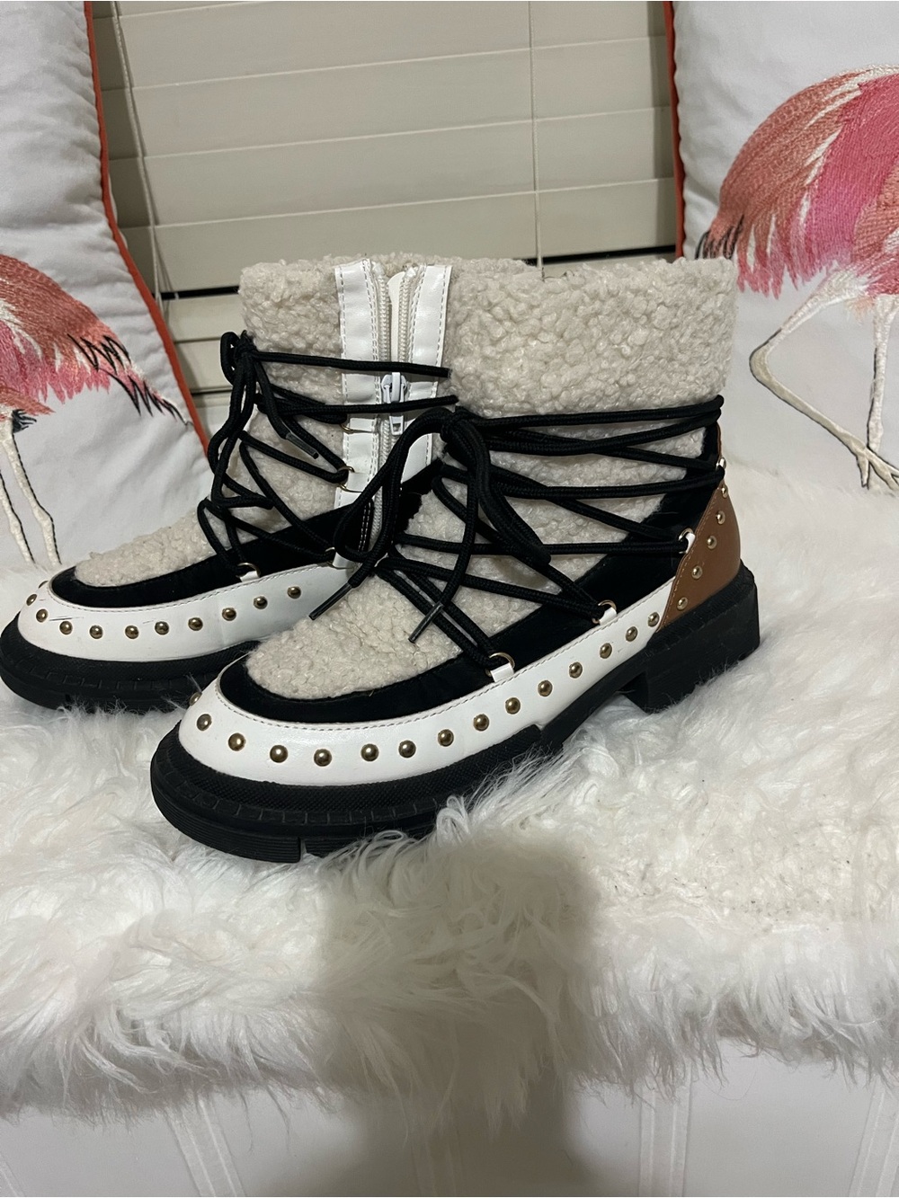 JustFab Cream, Black & Brown Faux-Shearling Lace-Up Boots